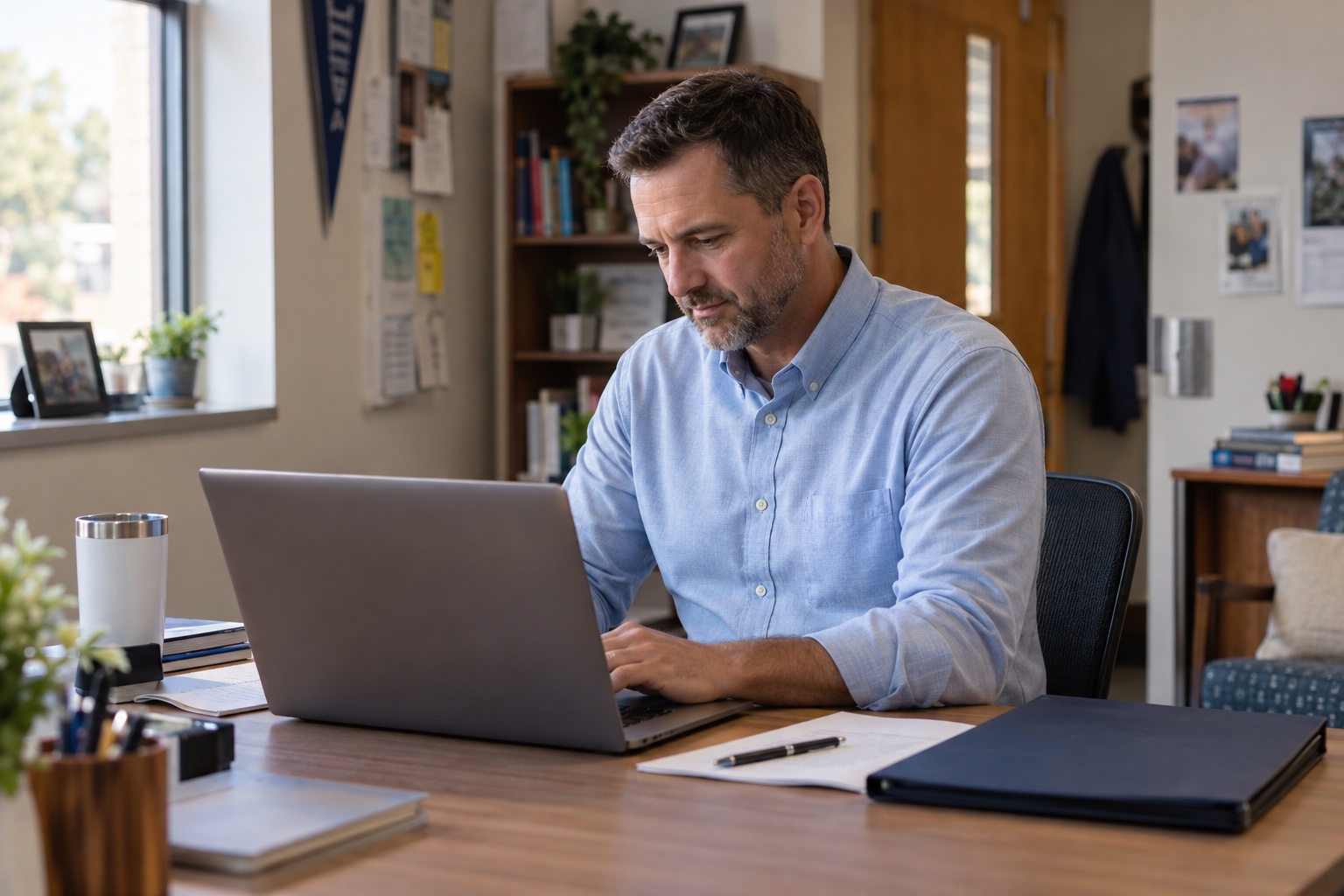 School employee reviewing retirement and benefits information at a desk.