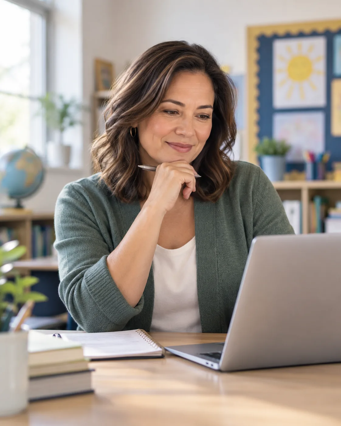 A teacher thoughtfully reviewing information on a laptop in a classroom.