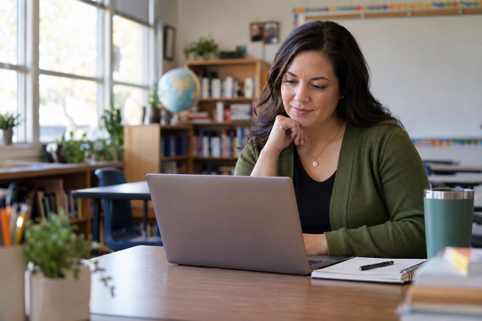 Mid-career school employee reviewing retirement information in a classroom.